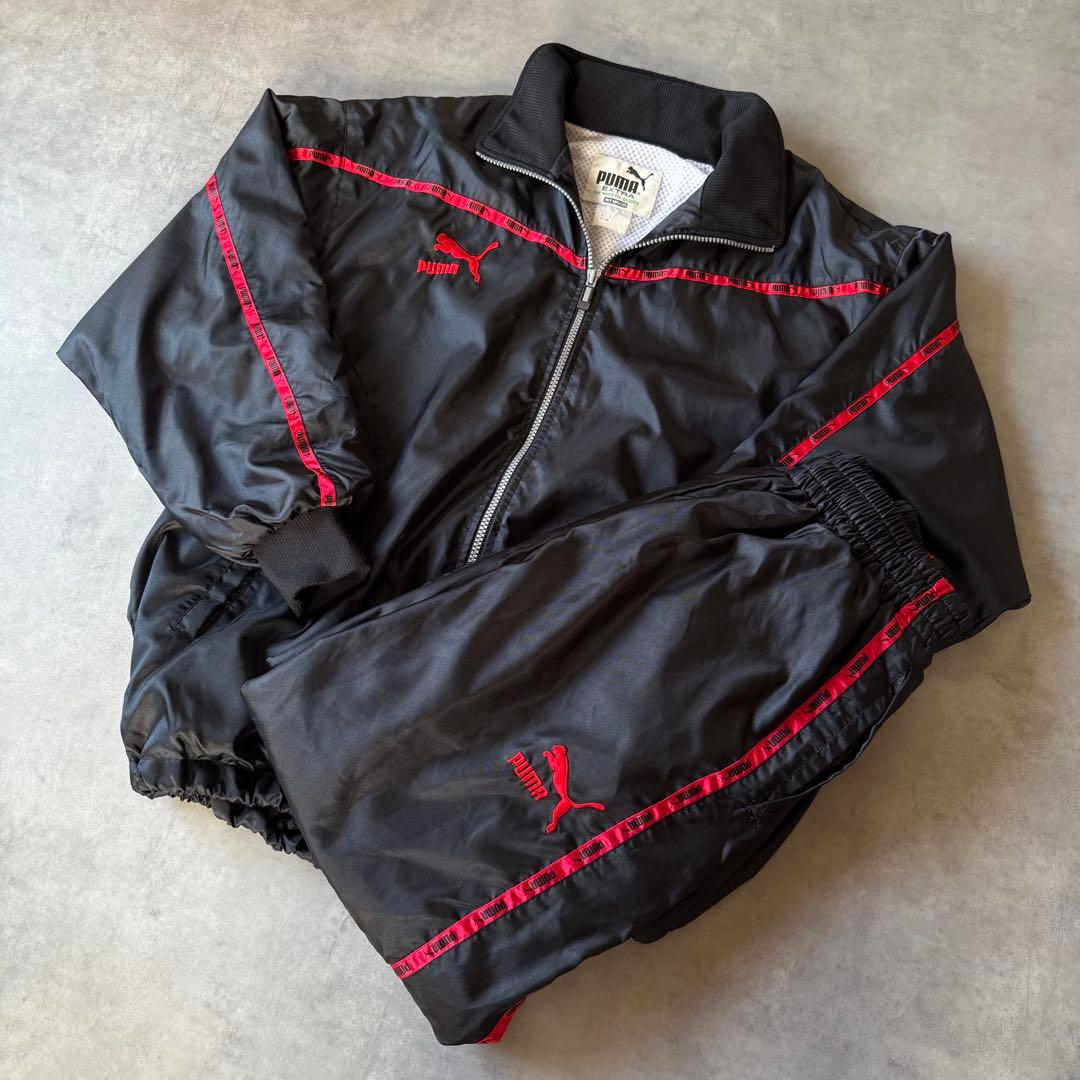 90s PUMAトラックジャケット パンツ 上下セット ブラック×レッド S〜M