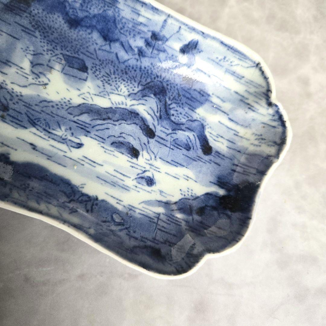 古伊万里　染付　隅入長皿　型紙摺印判　江戸時代　骨董　アンティーク