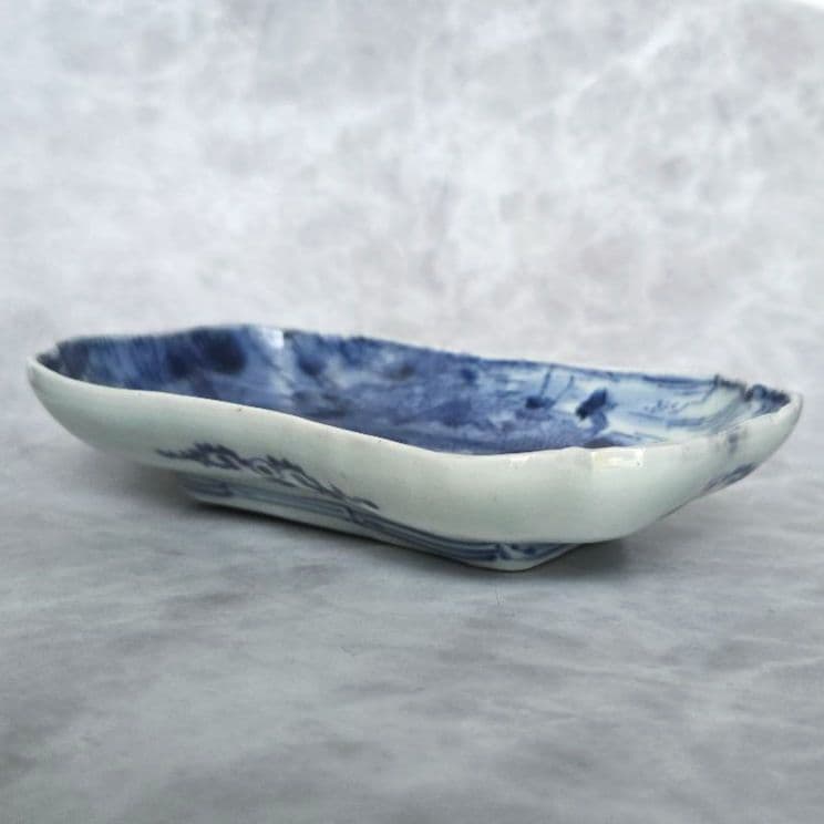 古伊万里　染付　隅入長皿　型紙摺印判　江戸時代　骨董　アンティーク