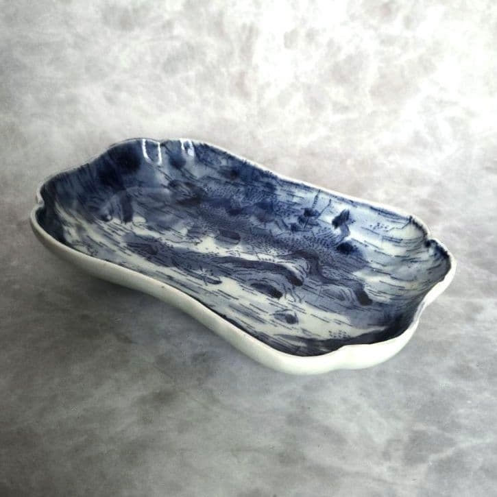 古伊万里　染付　隅入長皿　型紙摺印判　江戸時代　骨董　アンティーク