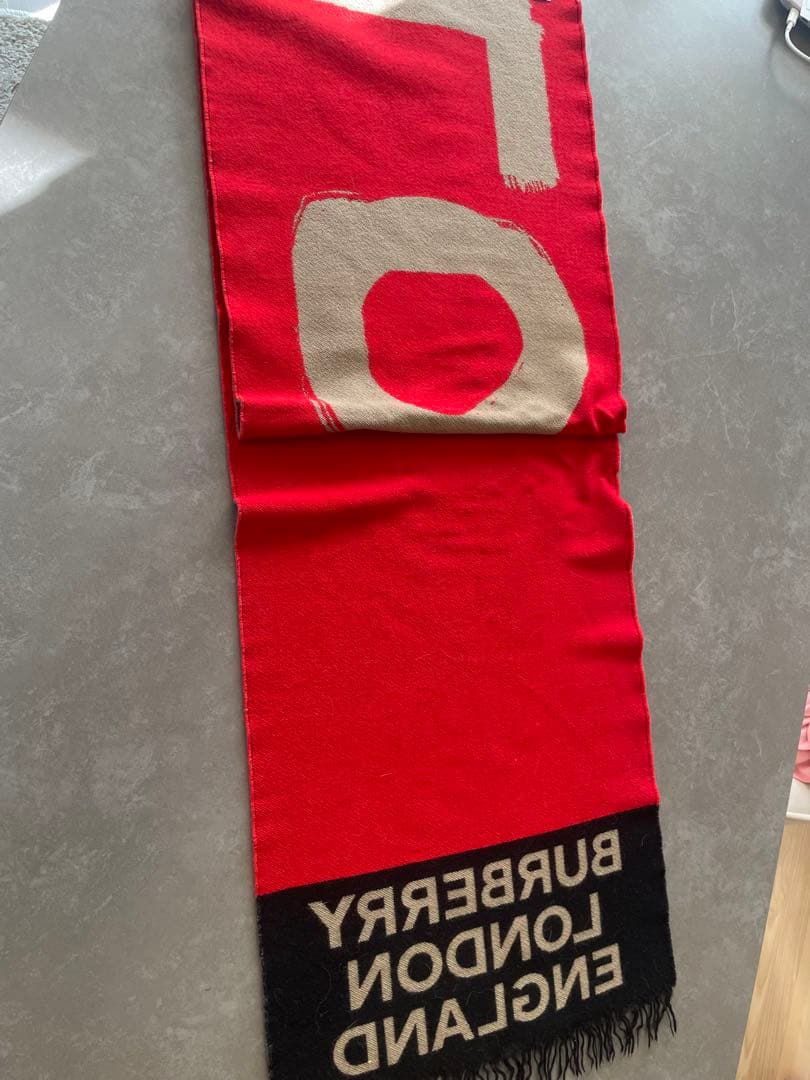 BURBERRY ロゴマフラー ベージュ/レッド フリンジ付き