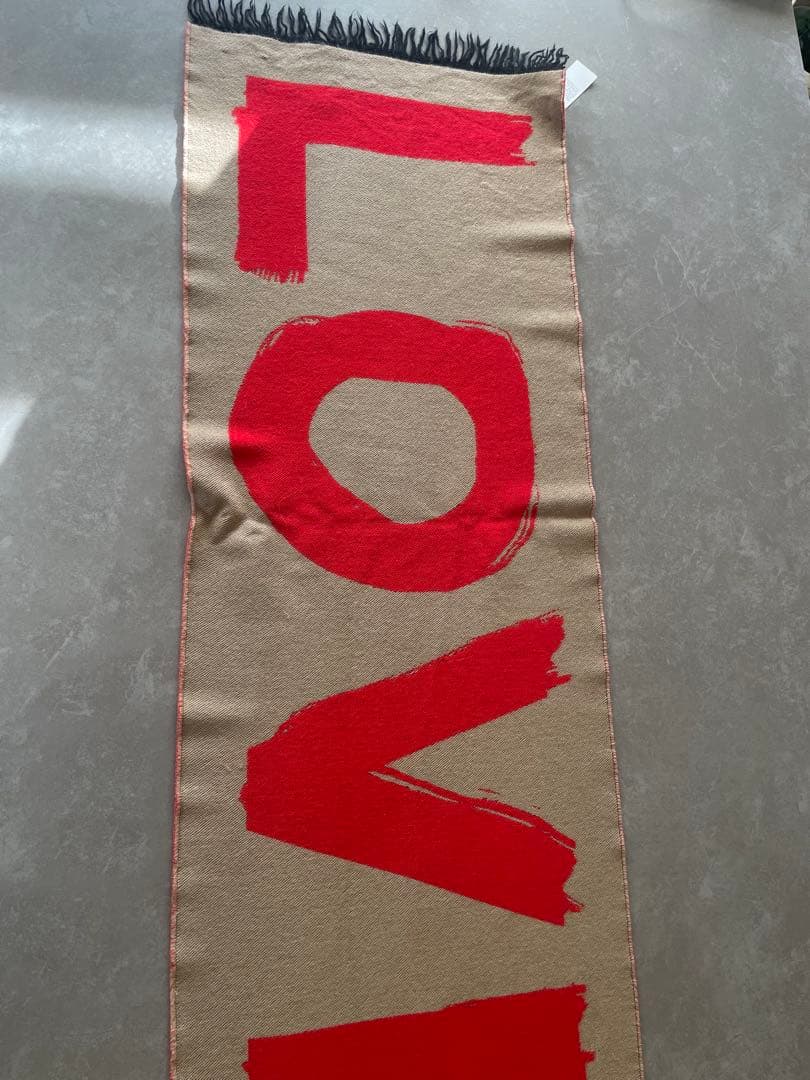 BURBERRY ロゴマフラー ベージュ/レッド フリンジ付き