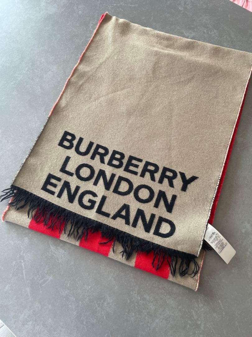 BURBERRY ロゴマフラー ベージュ/レッド フリンジ付き