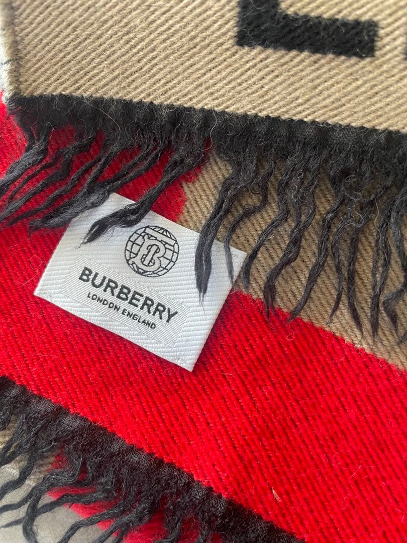 BURBERRY ロゴマフラー ベージュ/レッド フリンジ付き