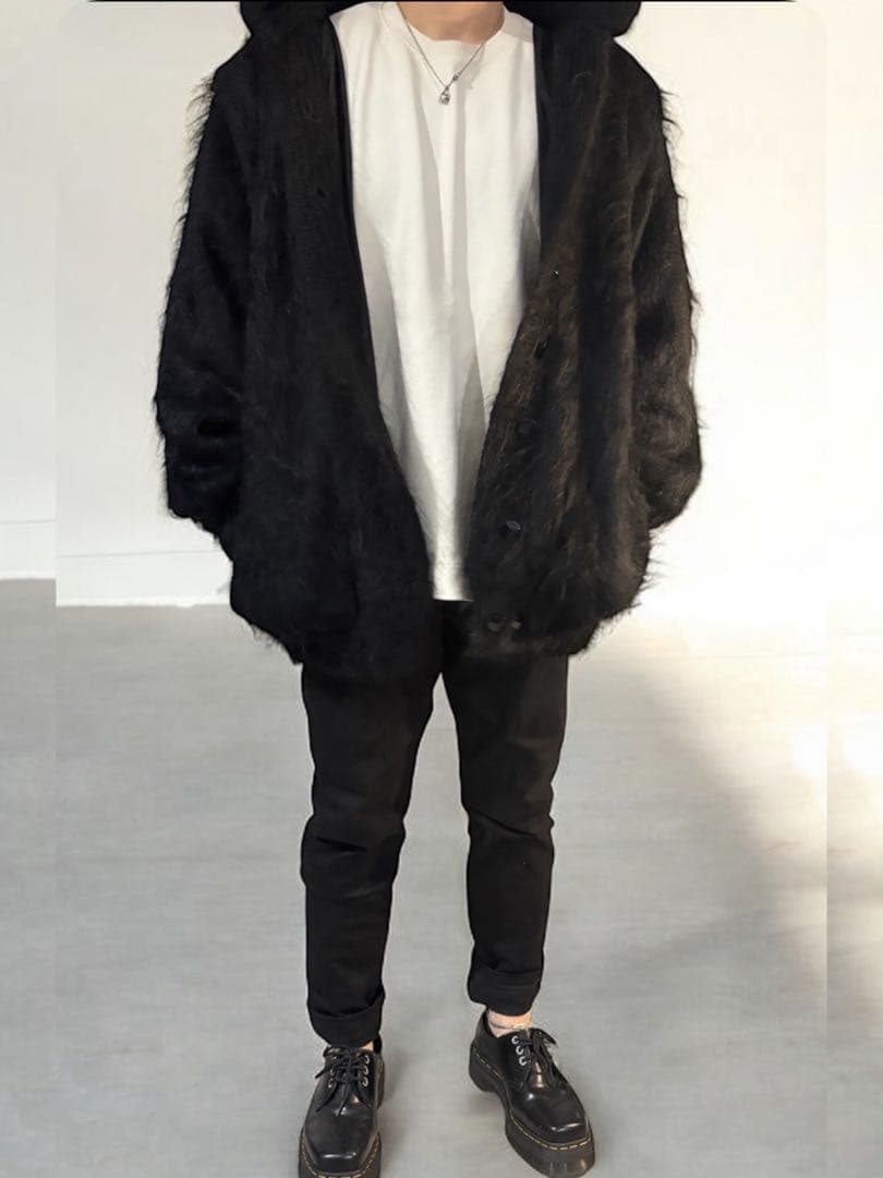 374 英国製 モヘアカーディガン ブラック 毛足長 85%モヘア 裏地付き M