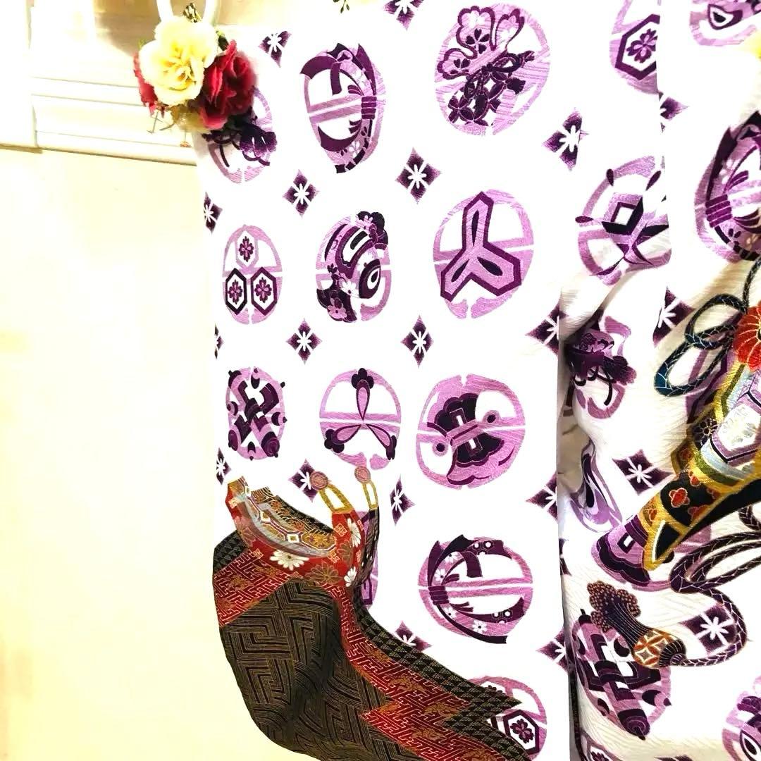 美品‼️七五三 五歳‼️白地紫兜龍金彩金箔裾ゴールド❤️完全フルセット‼️家から揃え無