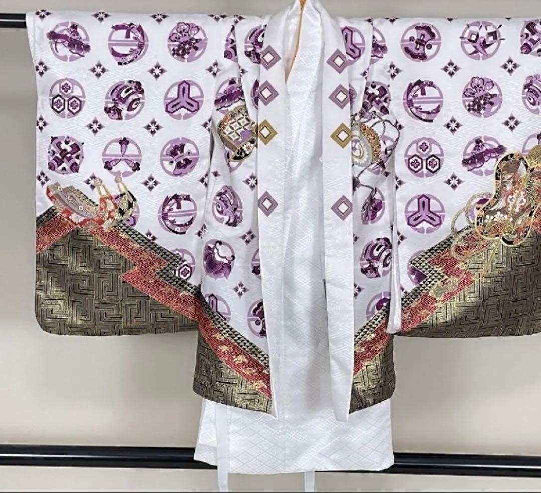 美品‼️七五三 五歳‼️白地紫兜龍金彩金箔裾ゴールド❤️完全フルセット‼️家から揃え無