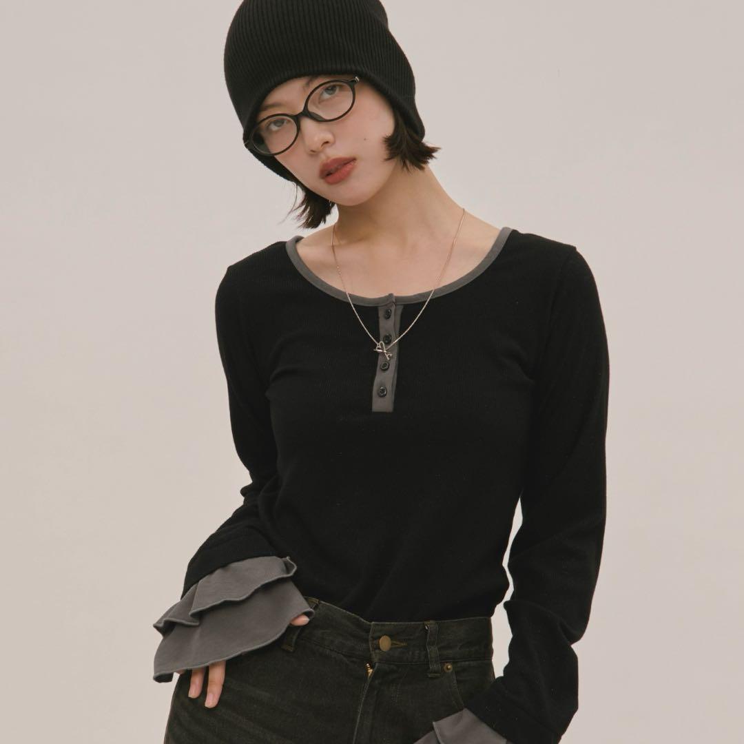 loin nuit ロワンニュイ ベルスリーブリブトップス