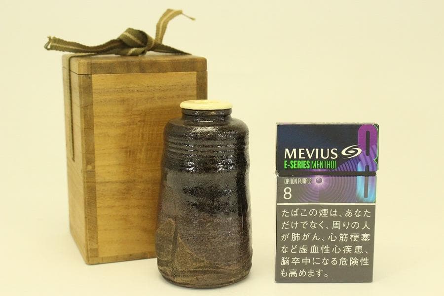 茶道具 黒織部 時代 茶入 良蓋(A774)