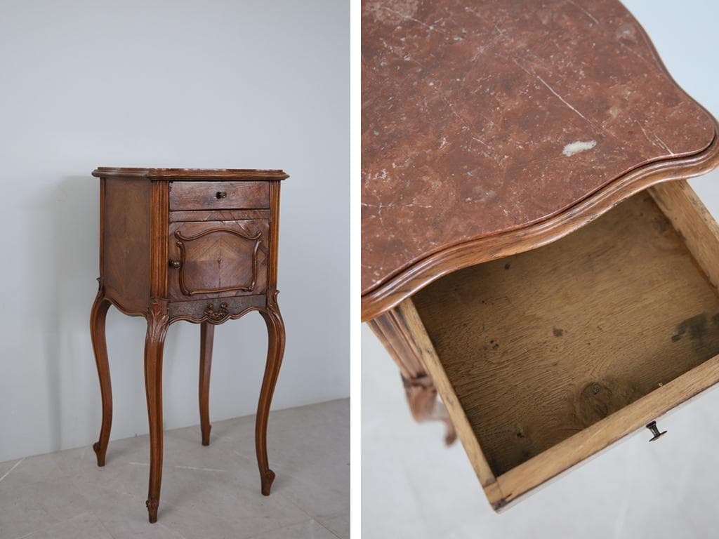 フランスアンティーク木製*大理石キャビネット/ナイトテーブル机(90-35-2)