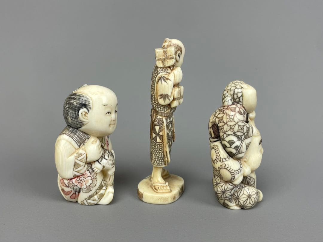 時代根付 極上細密彫り白材 マンモス牙製 松山作 芝宮作 作家物 在銘 中国美術