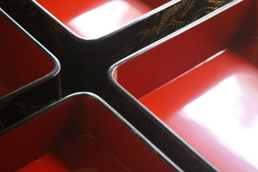 デッドストック！！極上松竹梅鶴亀沈金の映える輪島塗屠蘇器重箱揃い（検重箱お重