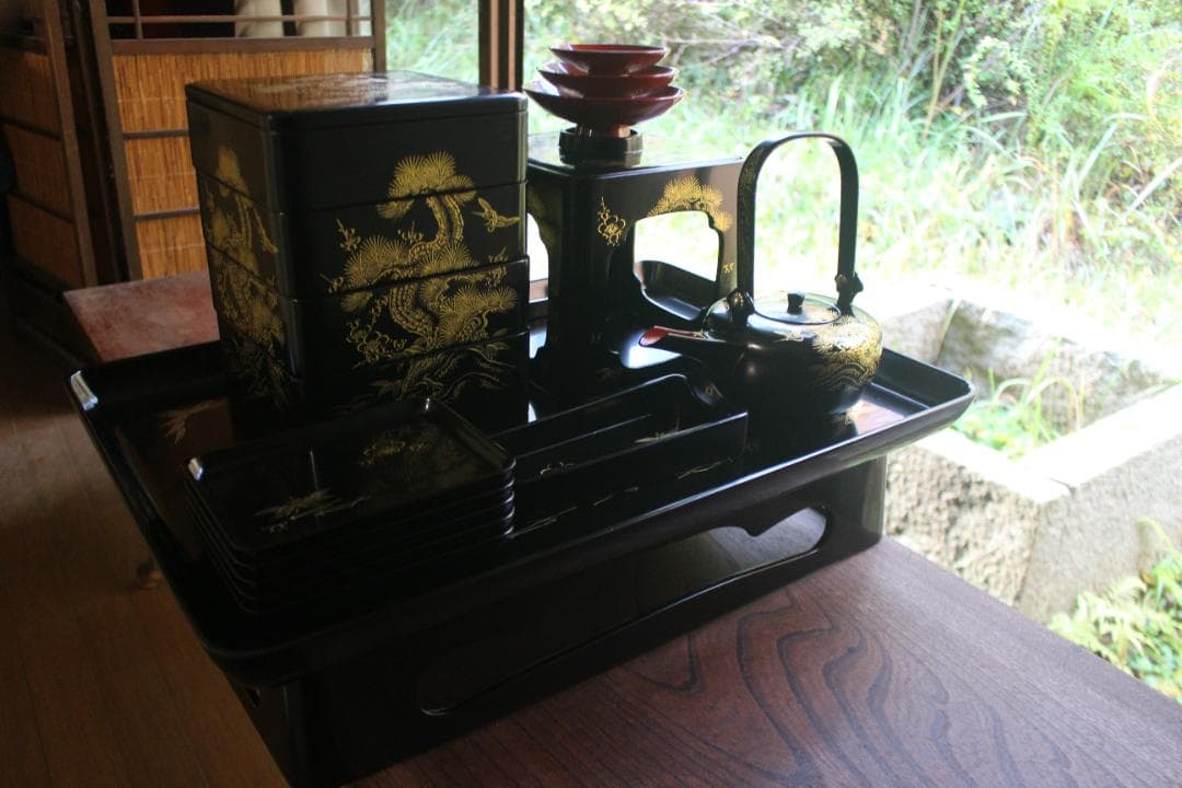 デッドストック！！極上松竹梅鶴亀沈金の映える輪島塗屠蘇器重箱揃い（検重箱お重