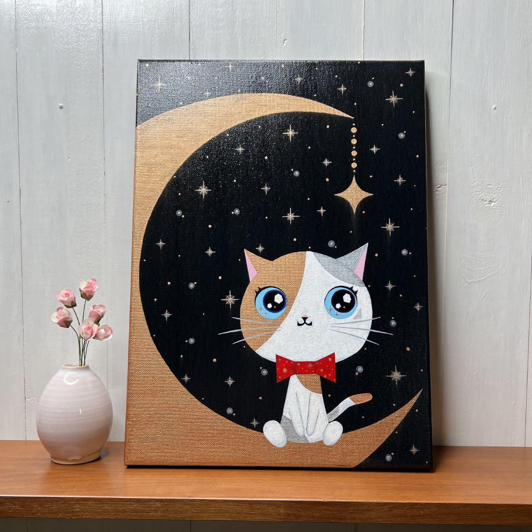 「月夜のおとぎ話」｜絵画 原画 抽象画 動物画 猫の絵 イラスト ドローイング