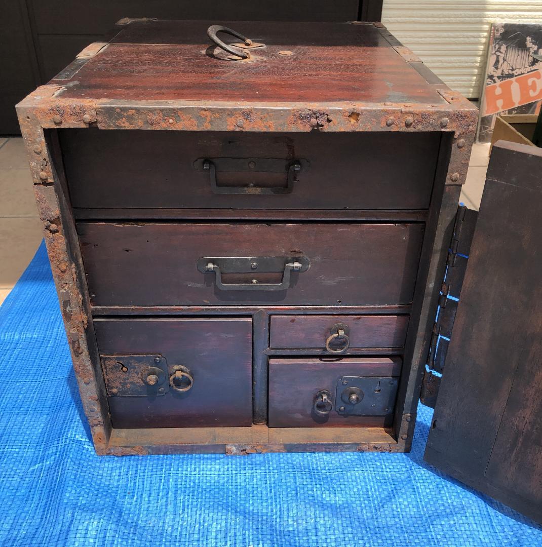 アンティーク 船箪笥 鉄金具付 木製金庫 小箪笥 明治〜大正期 古民具 #952