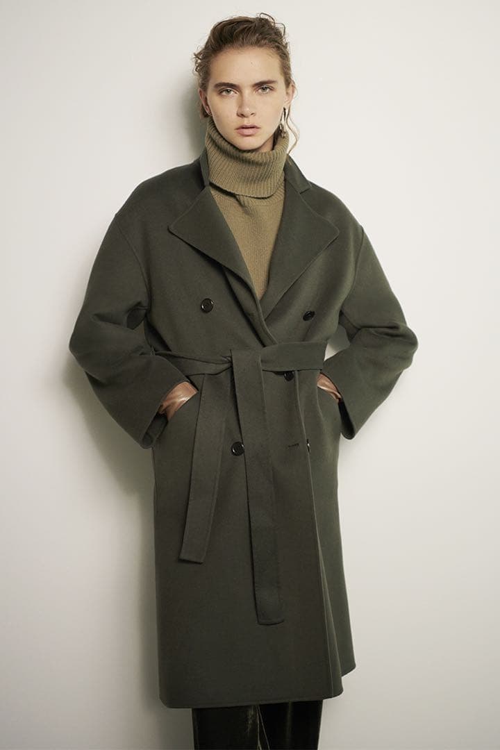 美品❤️Theory ロングコート　ダブル　カーキ　ベルト　カシミヤ　ウール　S