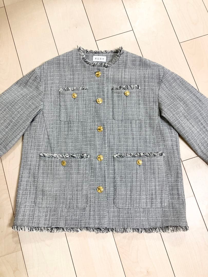 PLST ノーカラー　ツイードジャケット