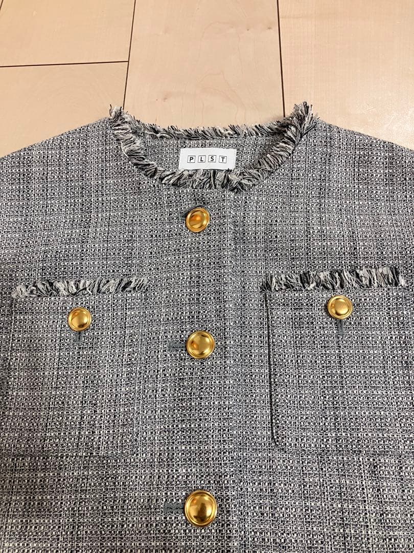 PLST ノーカラー　ツイードジャケット
