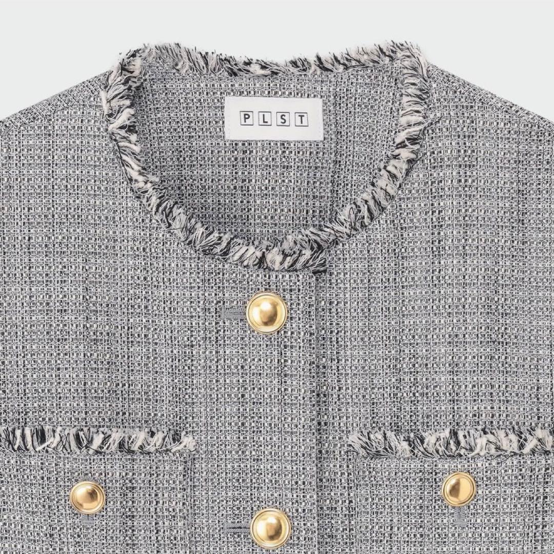 PLST ノーカラー　ツイードジャケット