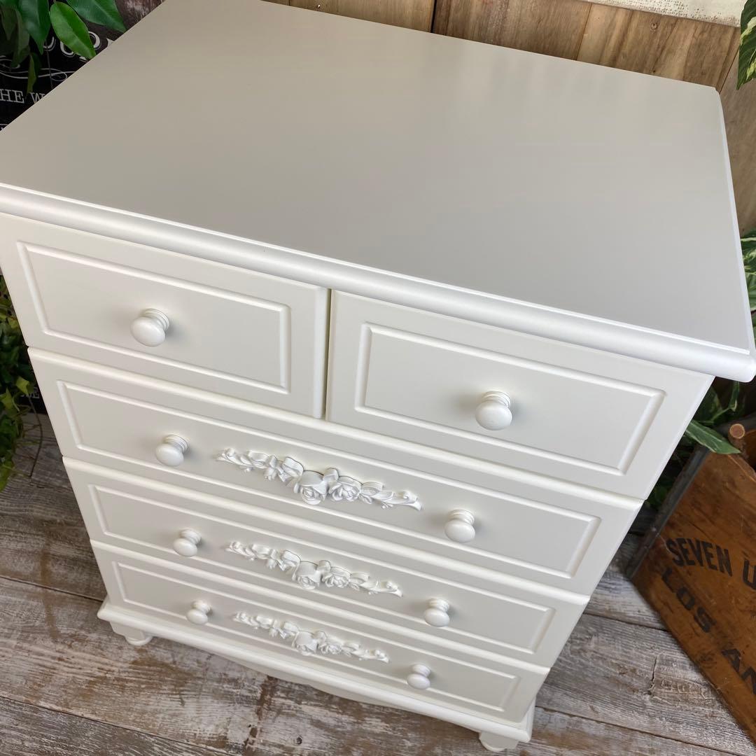 訳あり品【137】フレンチカントリー調ホワイトチェスト四段五つ引き木製タンス収納