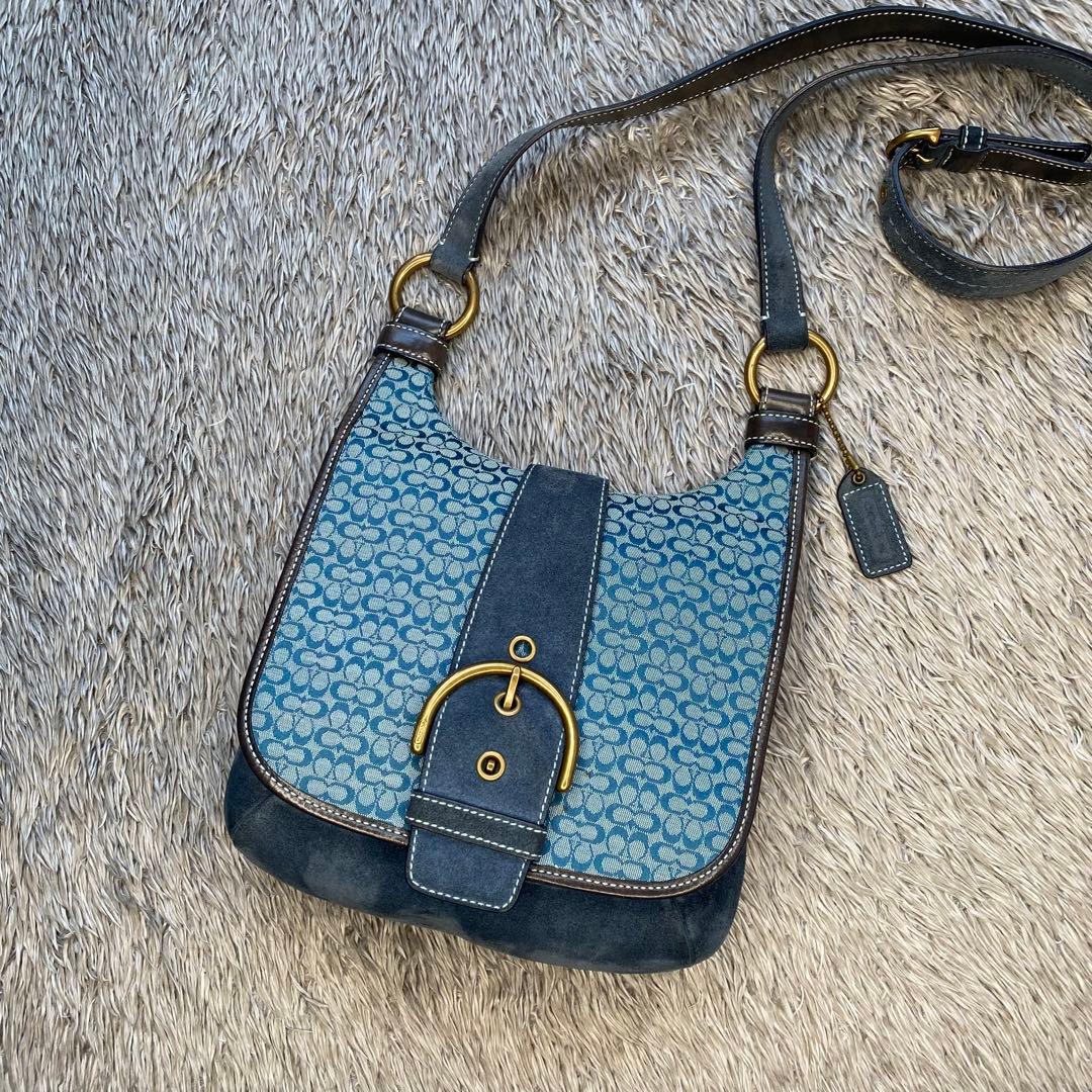 COACH コーチ ミニシグネチャー ショルダーバッグ ブルー スエード