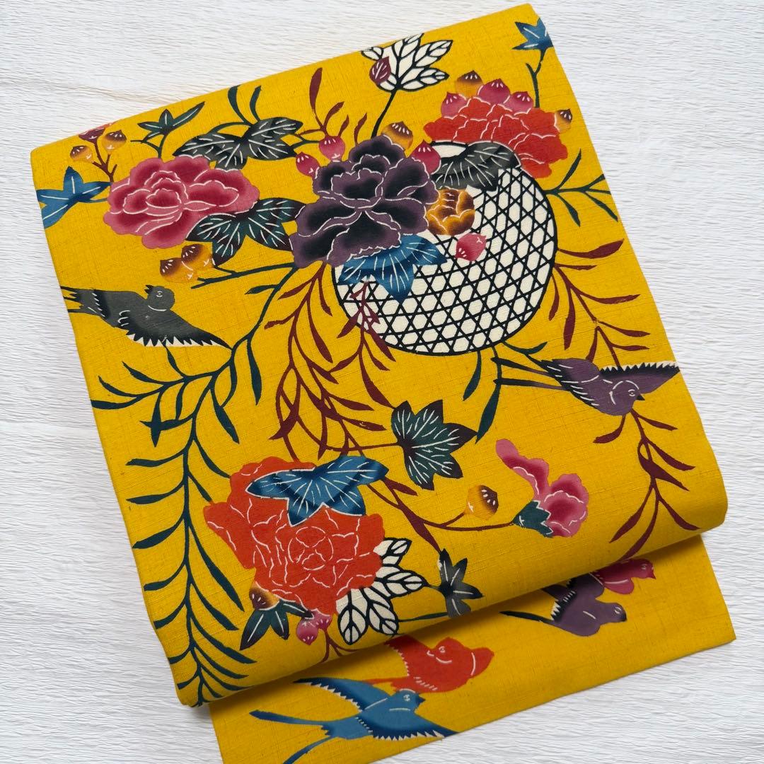 m-45 本場琉球紅型 鳥 花 名古屋帯 正絹 未使用