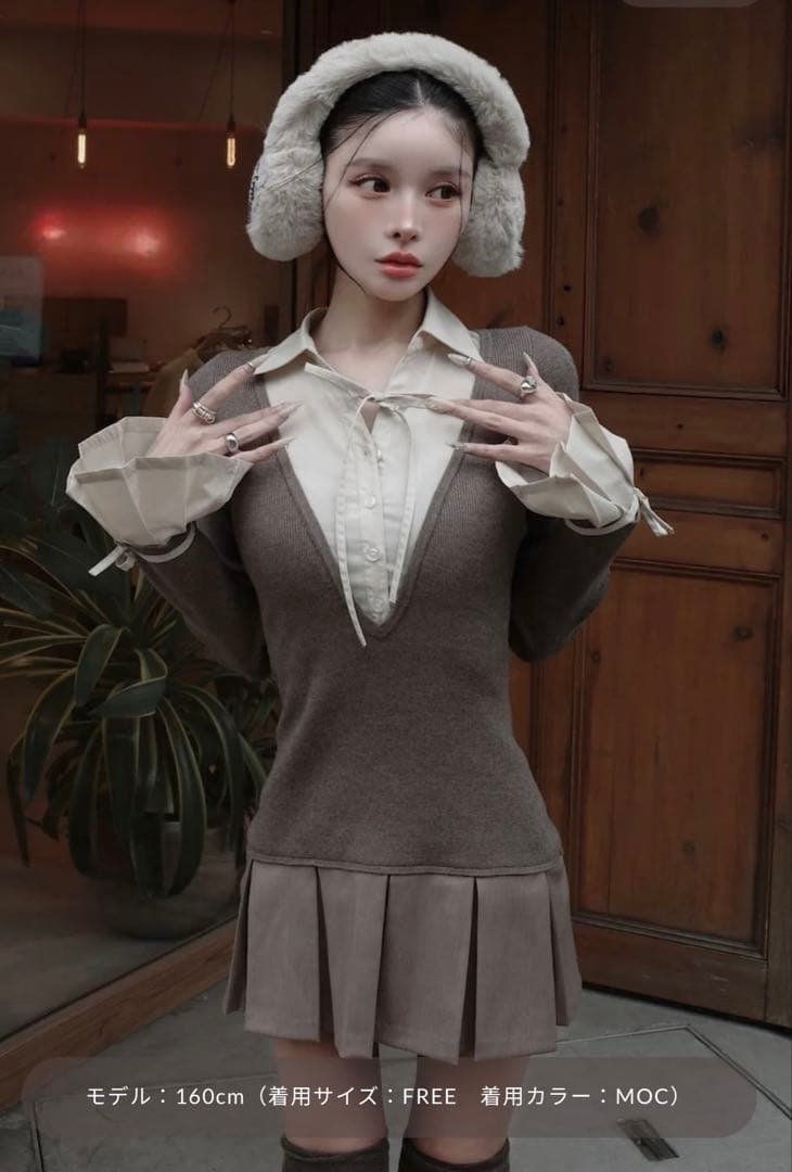 ダーリッチ　シャツドッキングプリーツミニワンピース　モカ　フリーサイズ