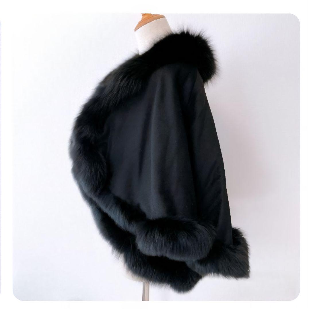 【美品】カシミヤ×フォックスファー　ポンチョ　サイズ M ブラック　美フォルム