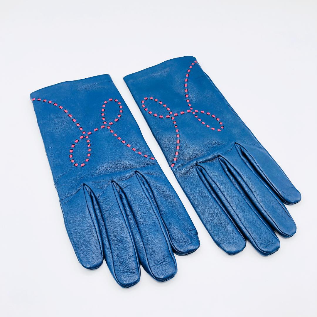 HERMES エルメス レザーグローブ Hモチーフ 手袋 ネイビー 美品
