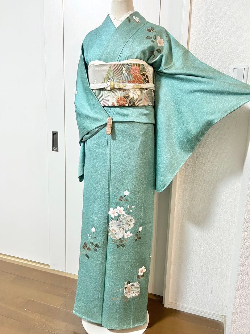 美品　裄丈長め　しつけ糸付き　正絹訪問着　フルセット4点　入学式　お宮参り