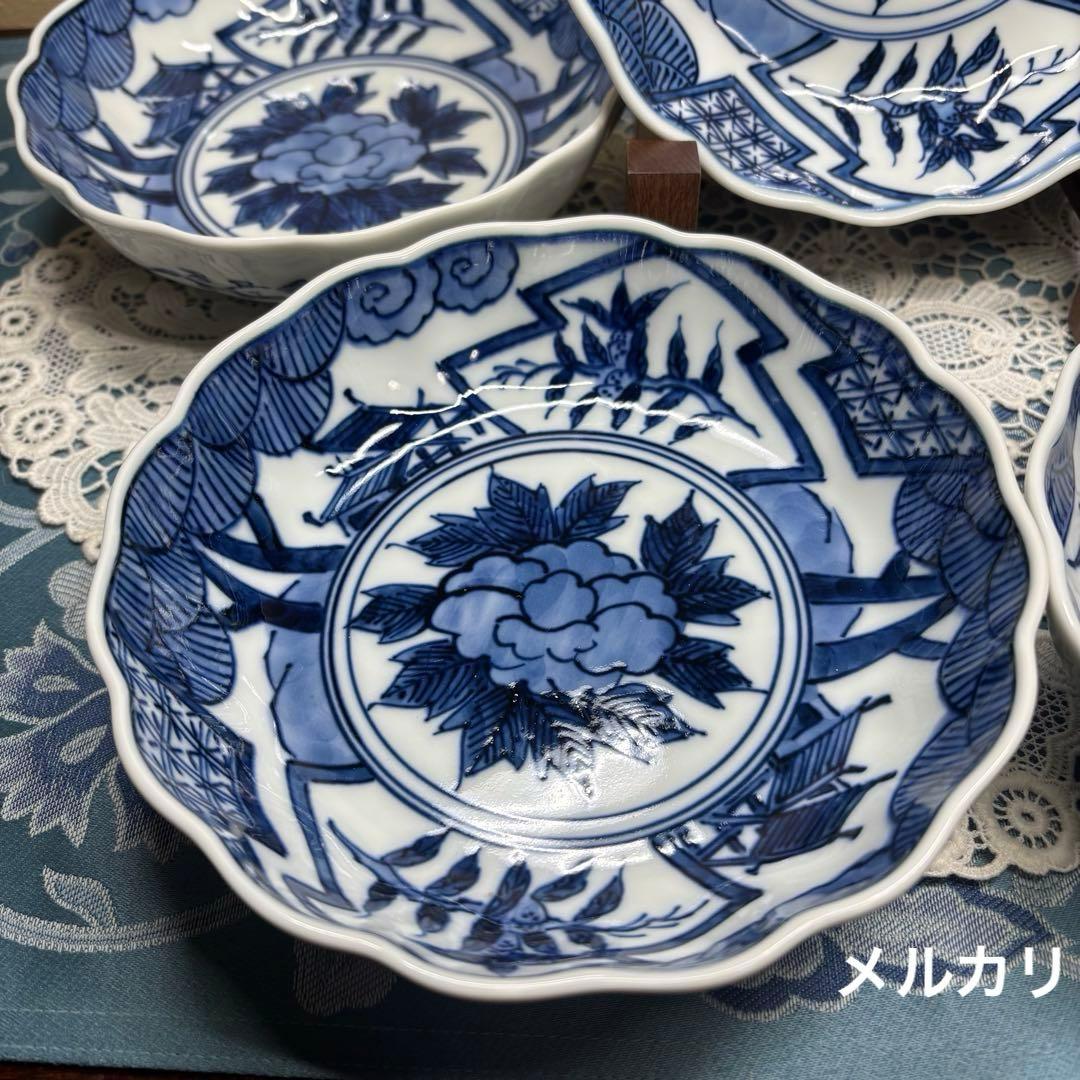 源右衛門窯　染付牡丹見込　吉祥　祥瑞　鉢　向付　5客1セット