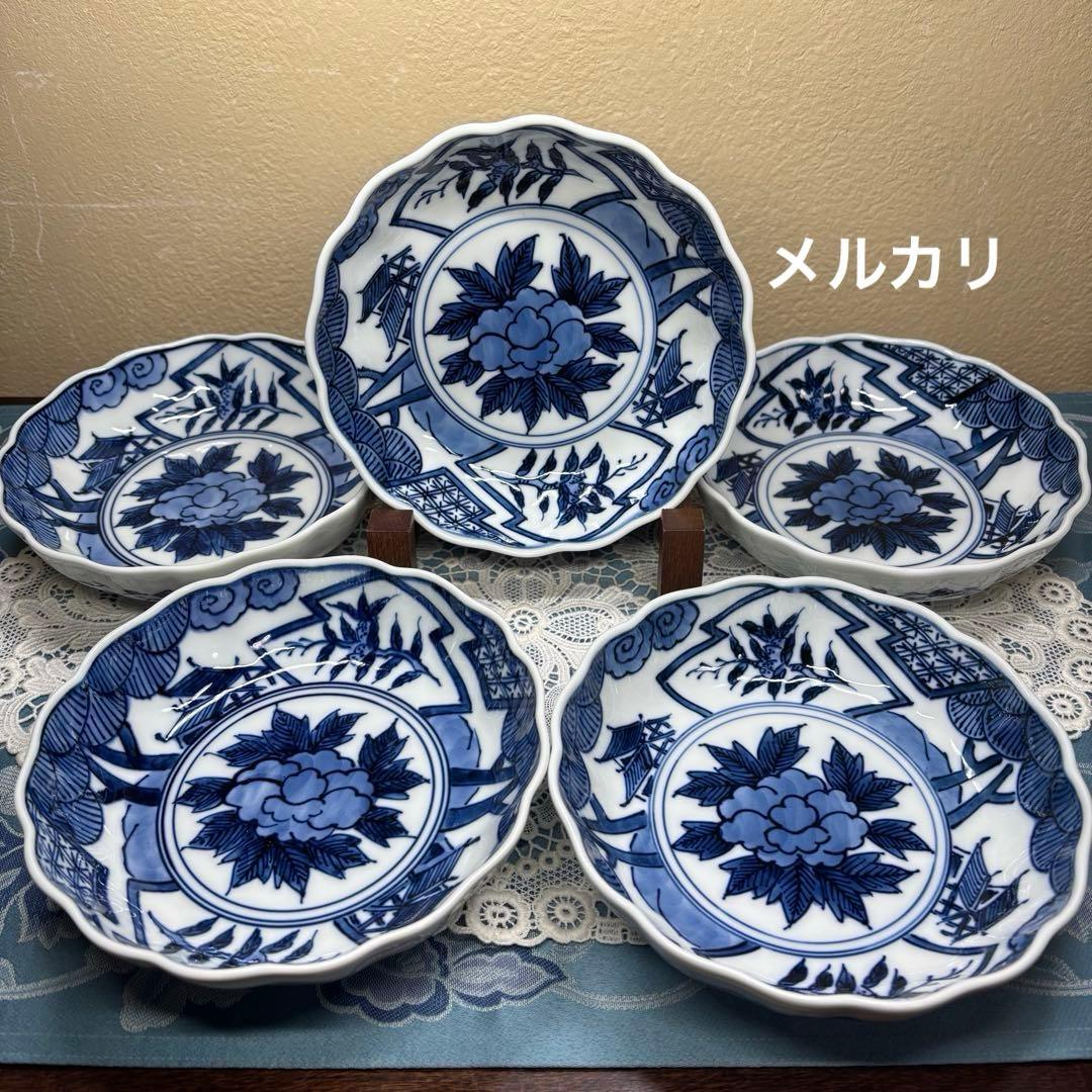 源右衛門窯　染付牡丹見込　吉祥　祥瑞　鉢　向付　5客1セット