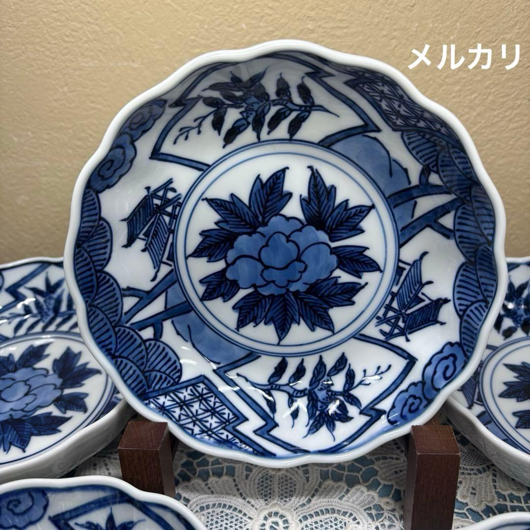 源右衛門窯　染付牡丹見込　吉祥　祥瑞　鉢　向付　5客1セット