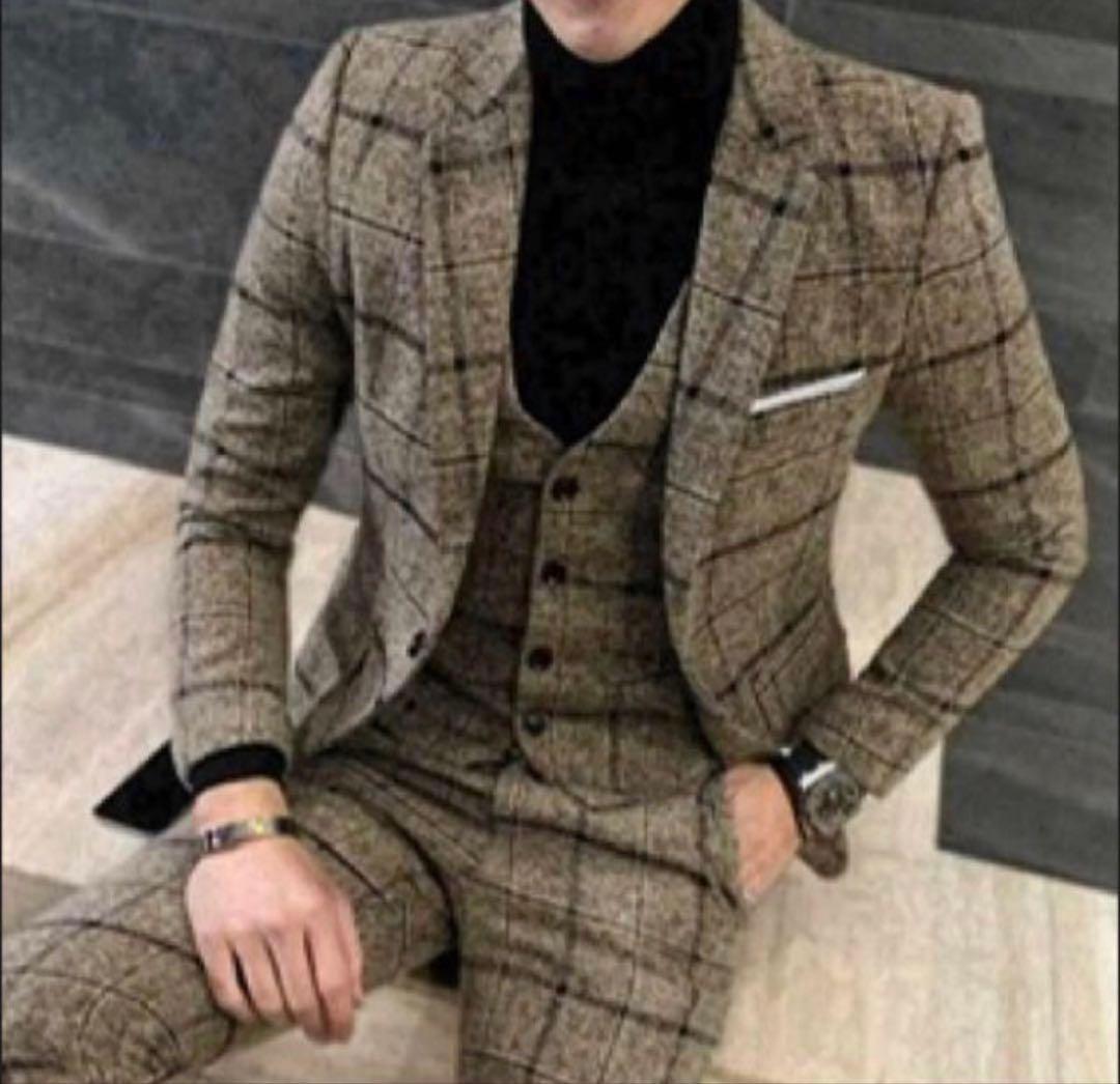 特大　スーツ 3点セット　ベスト　パンツ　ジャケット　チェック セットアップ