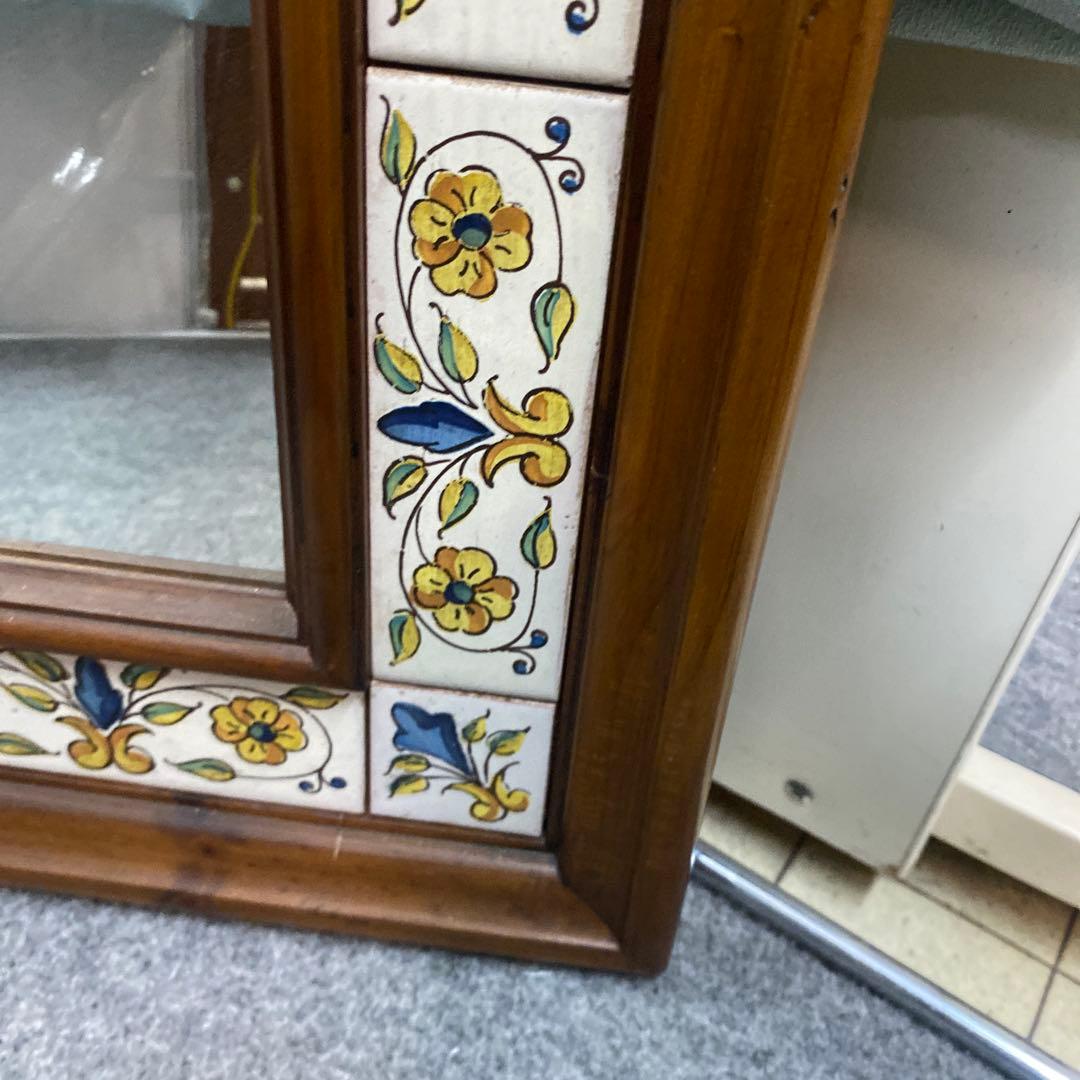 N スペイン製　アンティーク　壁掛けミラー　鏡　タイル張り　送料込み