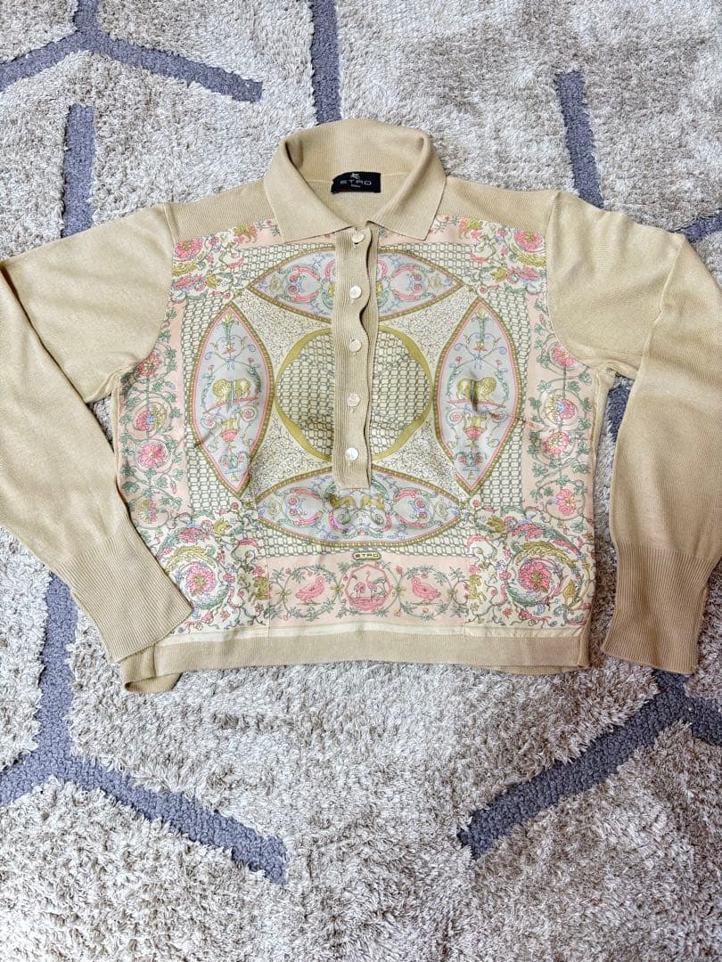ETRO シルクとレーヨン長袖ポロシャツ ベージュ44サイズ
