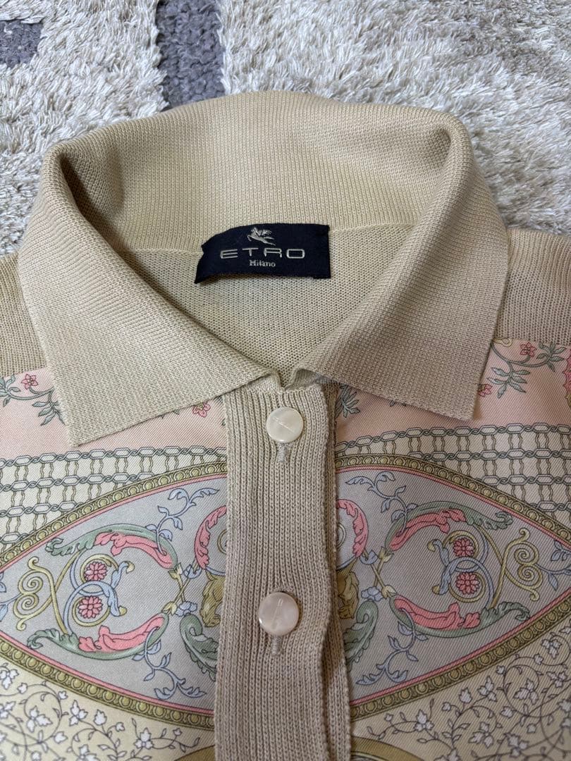ETRO シルクとレーヨン長袖ポロシャツ ベージュ44サイズ