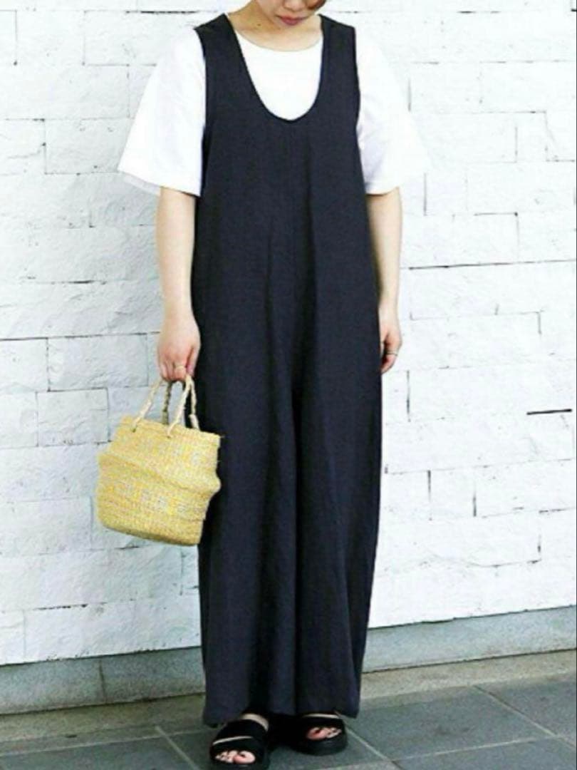 YARRA ヤラ ⿻ バックシャン リネン サロペット 黒 ルーズ 麻 ゆったり