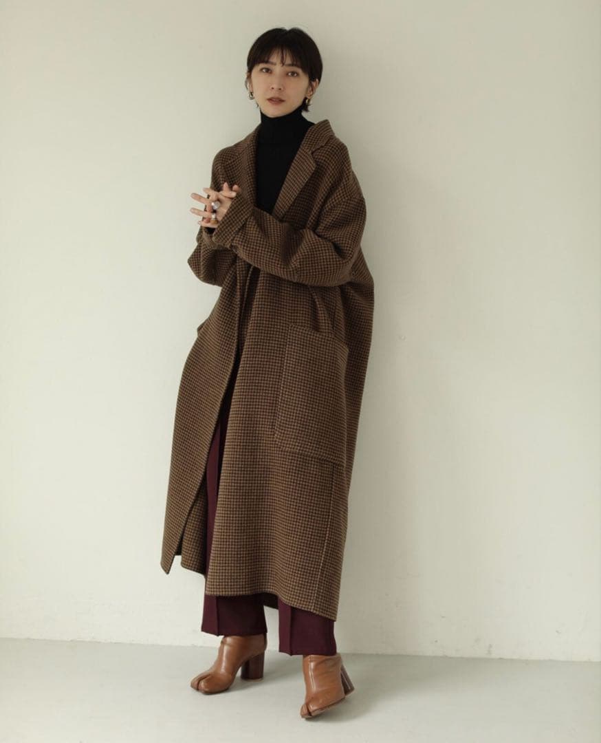 ブラウン チェック柄 ロングコート