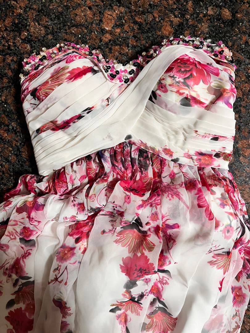 【美品】ロングドレス　ピンク花柄　演奏会　ベアトップ　編み上げ