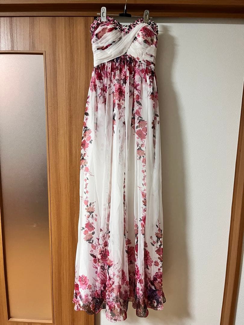 【美品】ロングドレス　ピンク花柄　演奏会　ベアトップ　編み上げ
