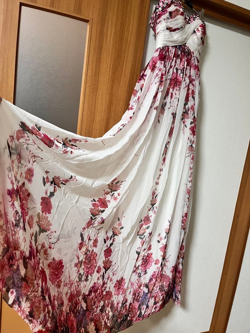 【美品】ロングドレス　ピンク花柄　演奏会　ベアトップ　編み上げ