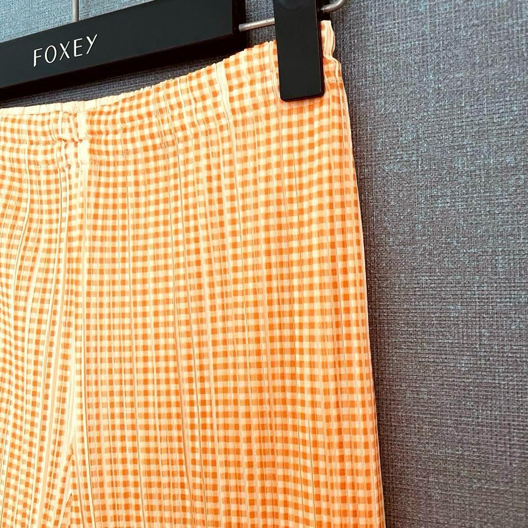 ✨未使用級✨プリーツプリーズ オレンジチェック フルレングス 裾フレアパンツ ２