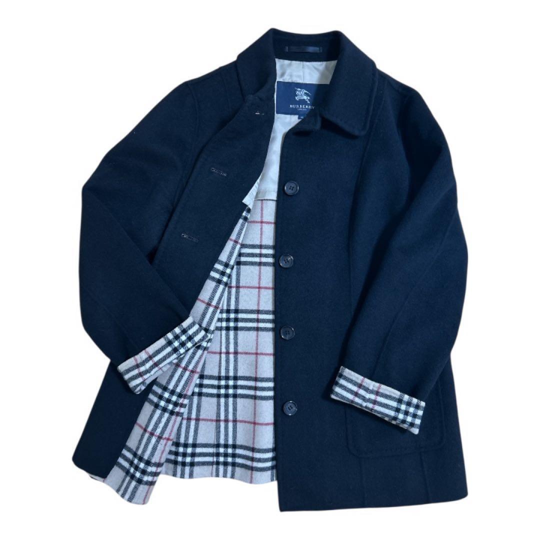 【美品】BURBERRYバーバリー黒ウールコート、カシミヤ混ノバチェックメンズM