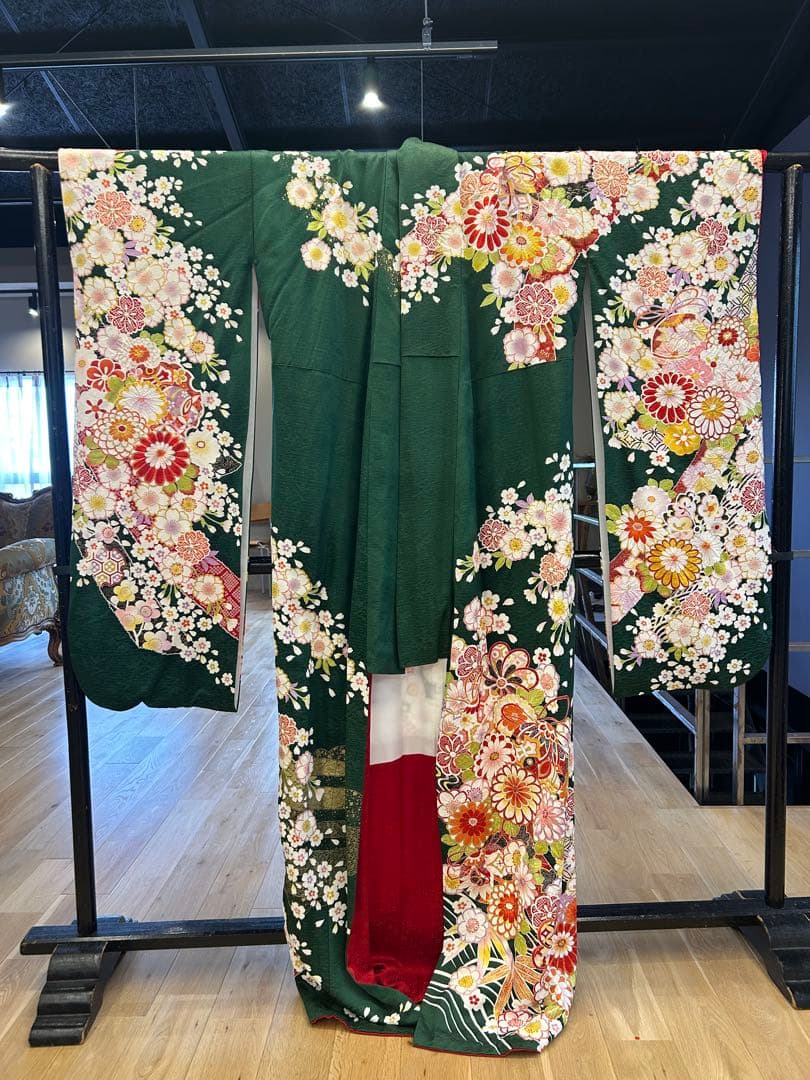 《美品》振袖　単品 No.366 深緑　中振袖155〜165cm