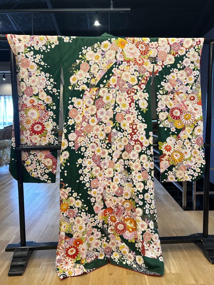 《美品》振袖　単品 No.366 深緑　中振袖155〜165cm