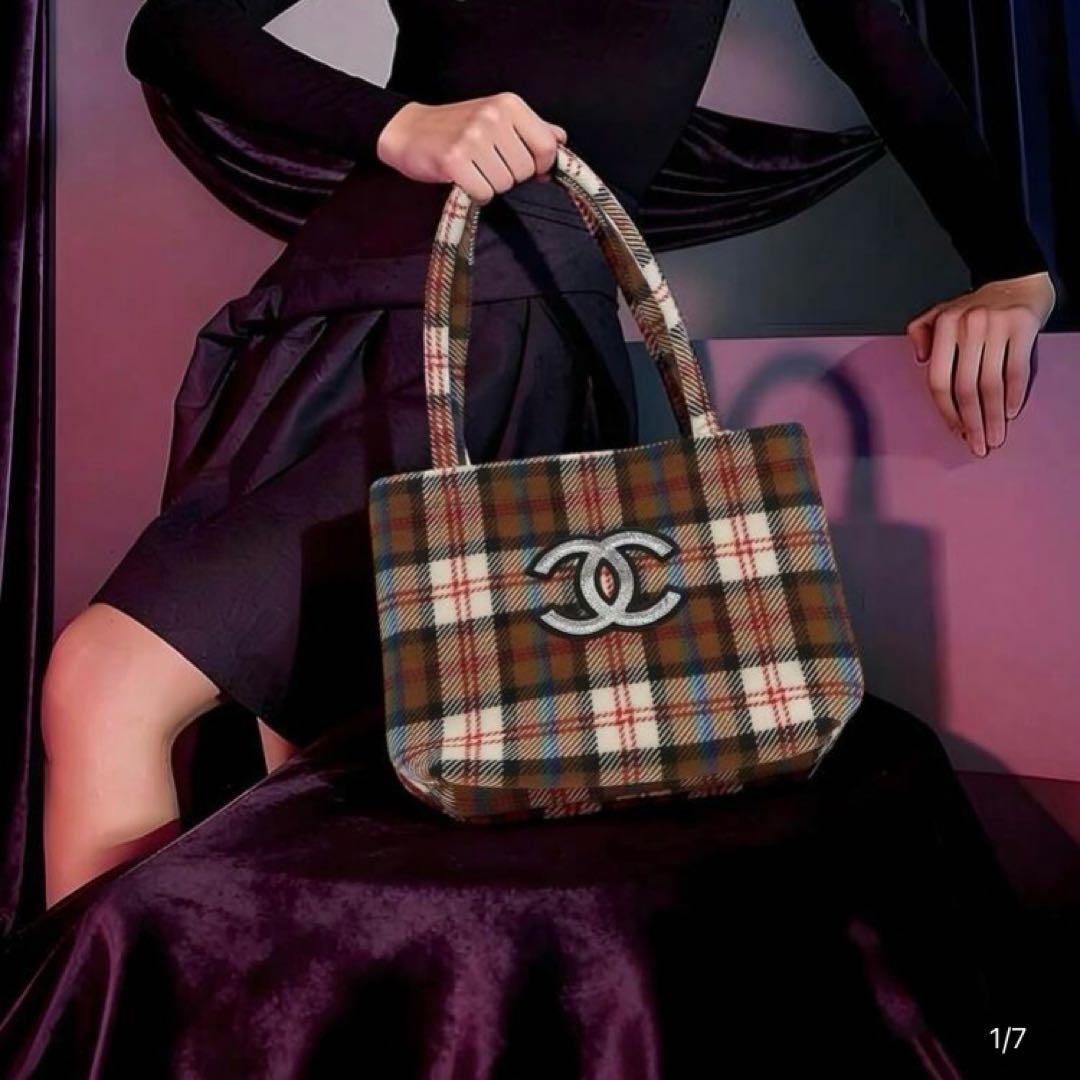 CHANEL チェック柄トートバッグ　スパンコール