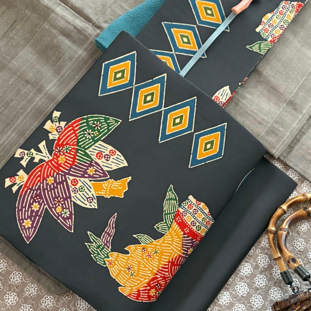 お洒落　美品　名古屋帯　紅型　粋な帯　地味派手　個性的　結城紬や大島紬に