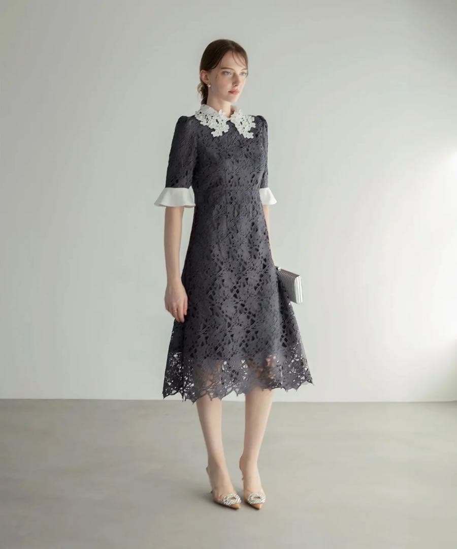 Leja 花柄レースカラースパンコールAラインワンピースドレス