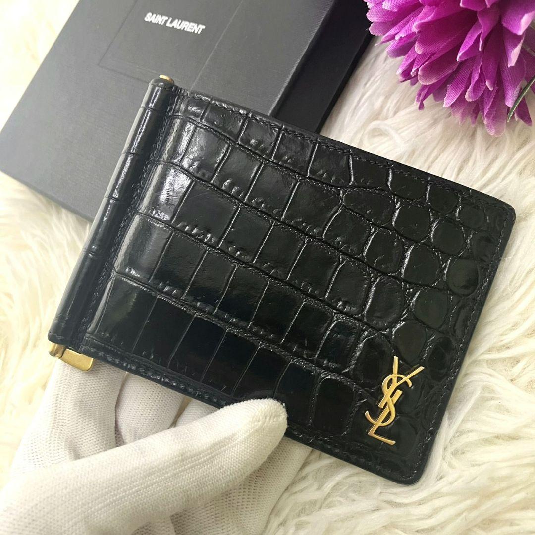 美品✨SAINT LAURENT マネークリップ　クロコ型押し　YSL 黒
